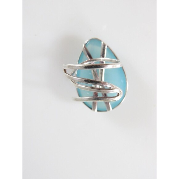 Boho Fun Sky Blue Large Polished Glass Silver Plate Adjustable Ring - Picture 5 of 5